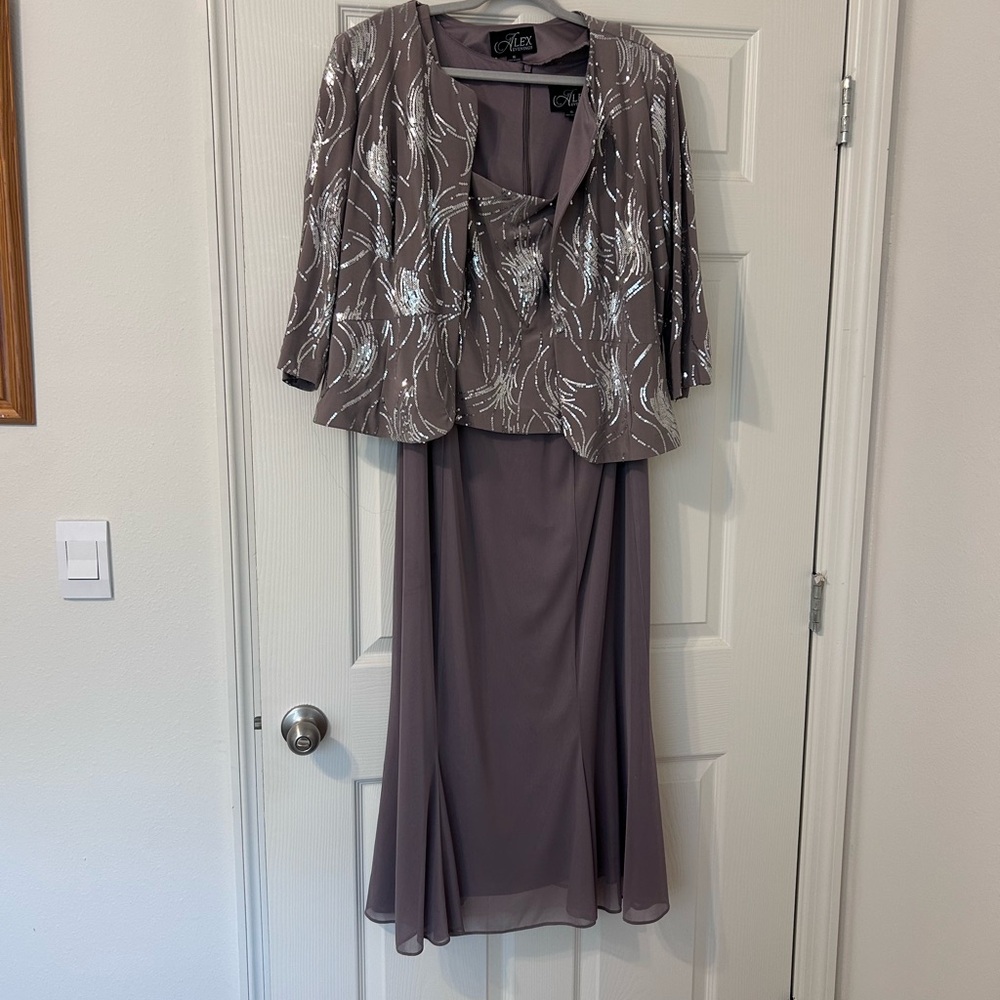 Alex Evenings Mauve Dress with Silver Leaf Jacket